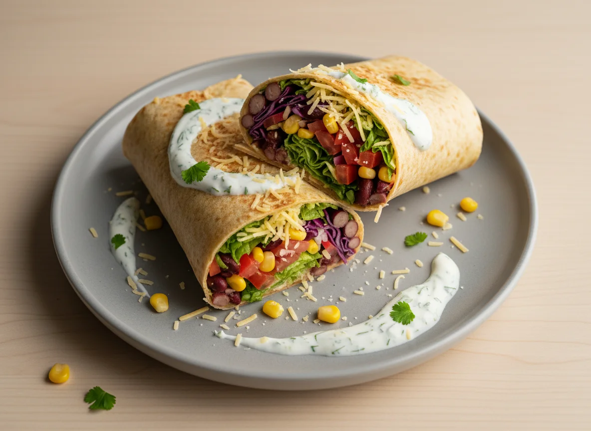 Tortilla Wrap mit Bohnen, Mais und Sauce photo