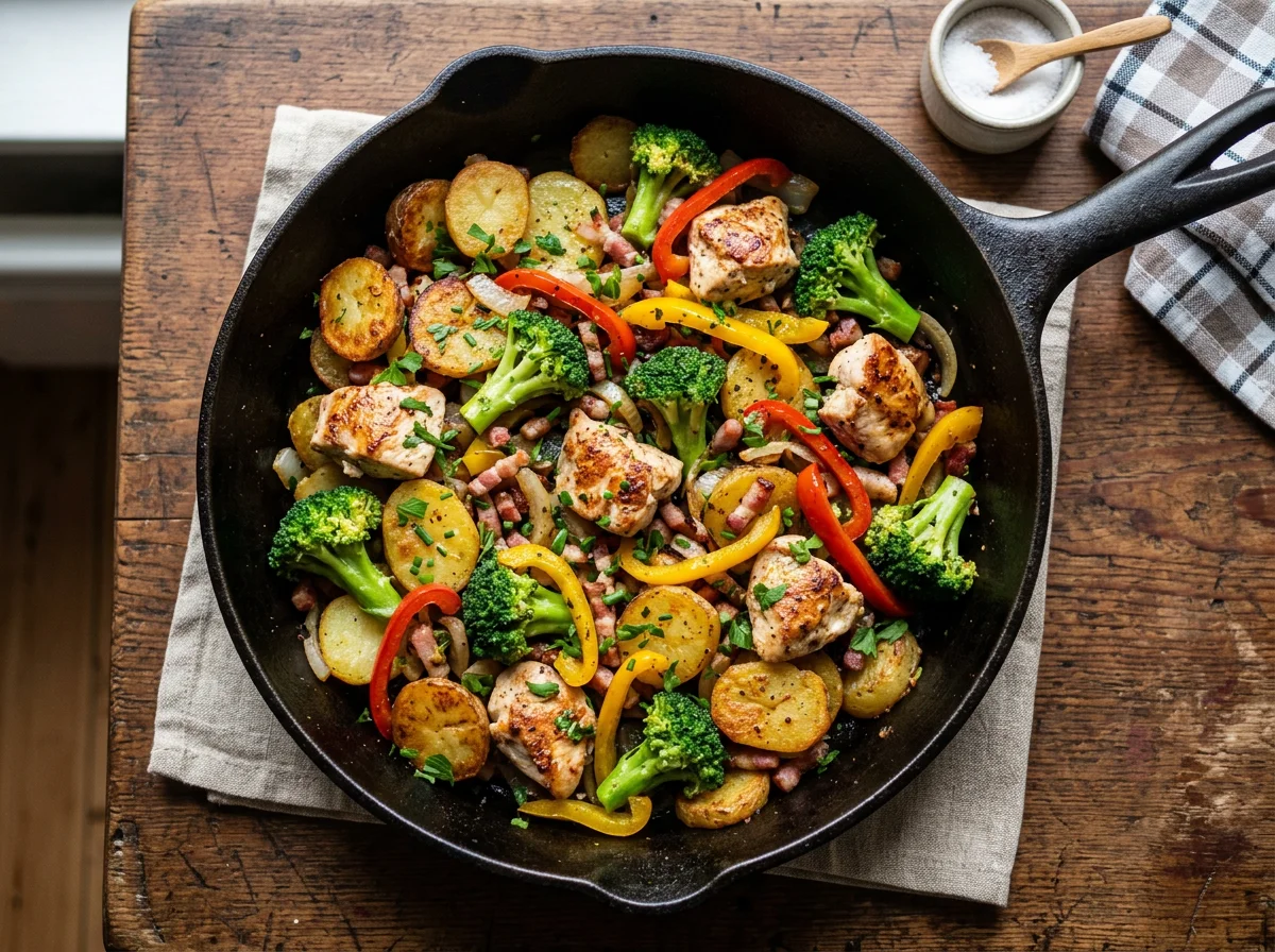 Traditionelle Bratkartoffel-Pfanne mit Hähnchenbruststücken photo
