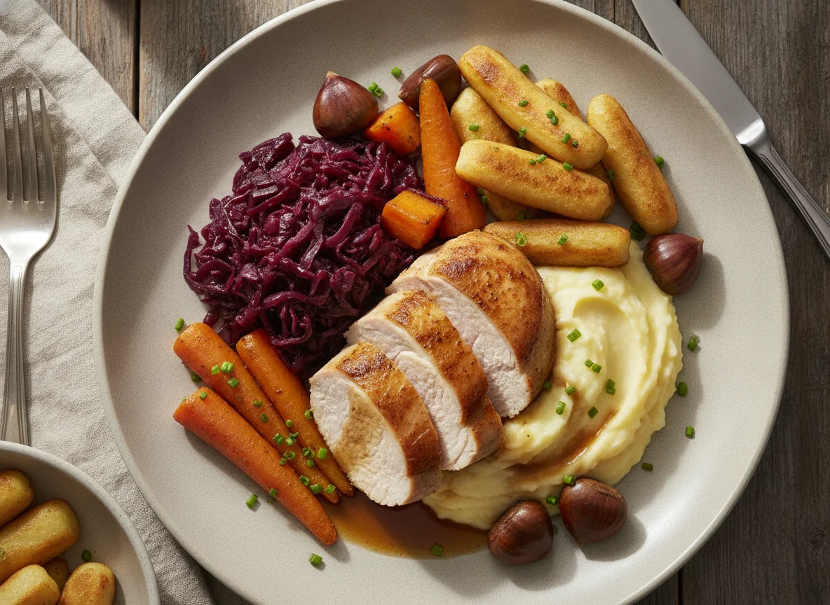 Traditionelles Gericht mit Putenfleisch und Beilagen photo