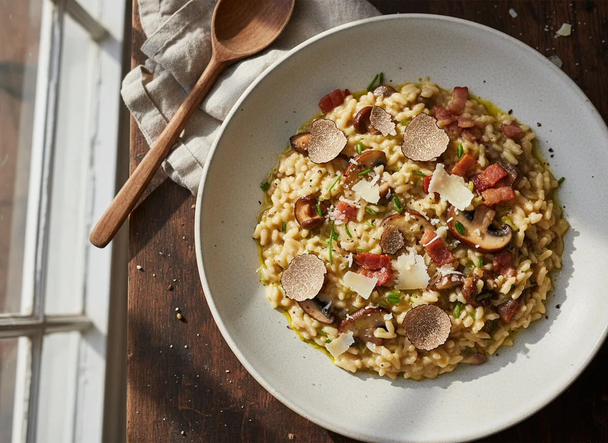 Trüffelrisotto mit Pilzen und Speck photo