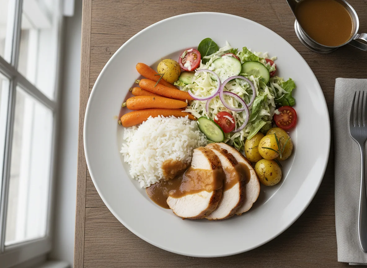 Truthahn mit Reis, Karotten, Kartoffeln und Krautsalat photo