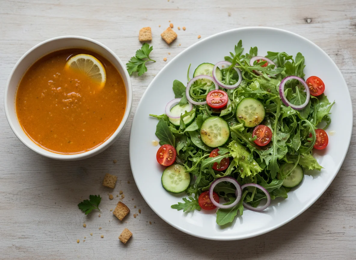 Türkische Linsensuppe und gemischter Salat photo
