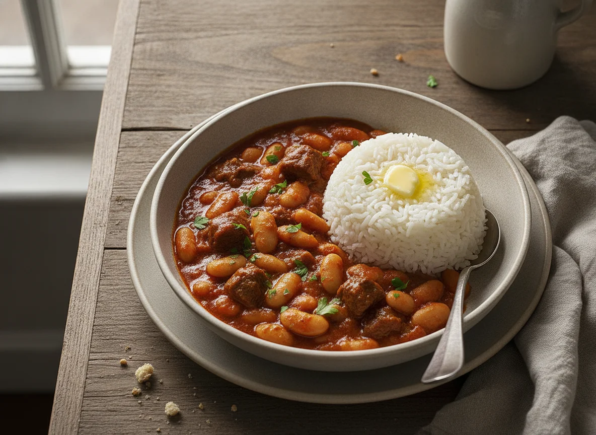 Türkischer Bohneneintopf mit Reis (Kuru Fasulye) photo