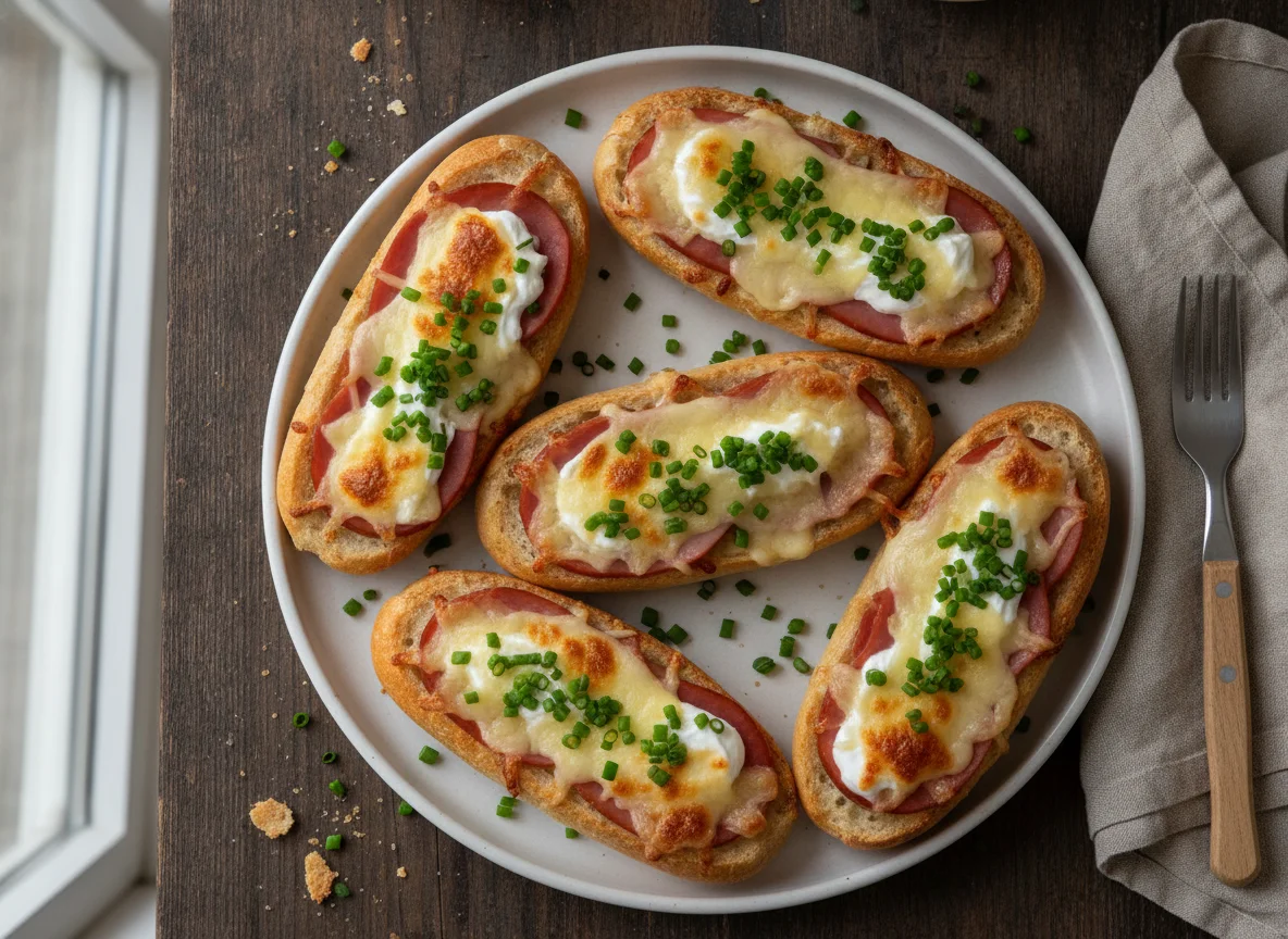 Überbackene Baguette-Brötchen mit Schinken und Käse photo