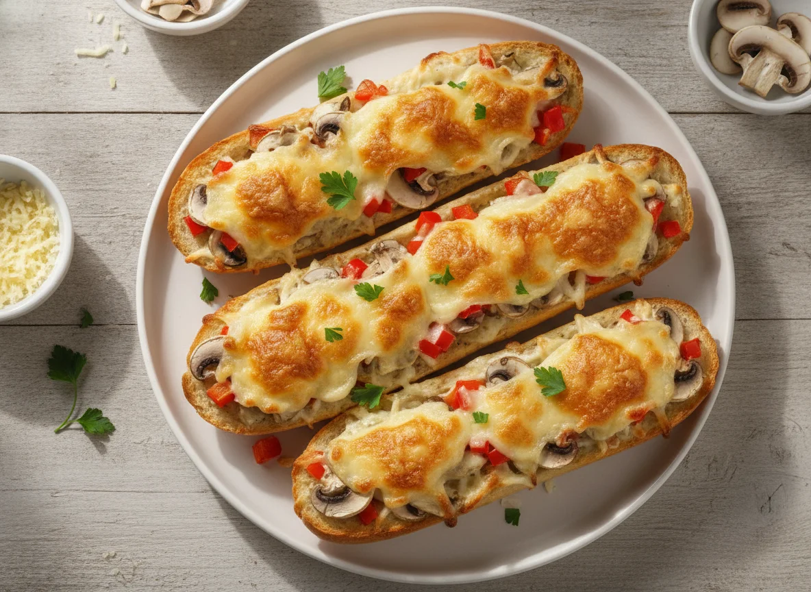 Überbackene Baguette-Hälften mit Pilzen und Paprika photo
