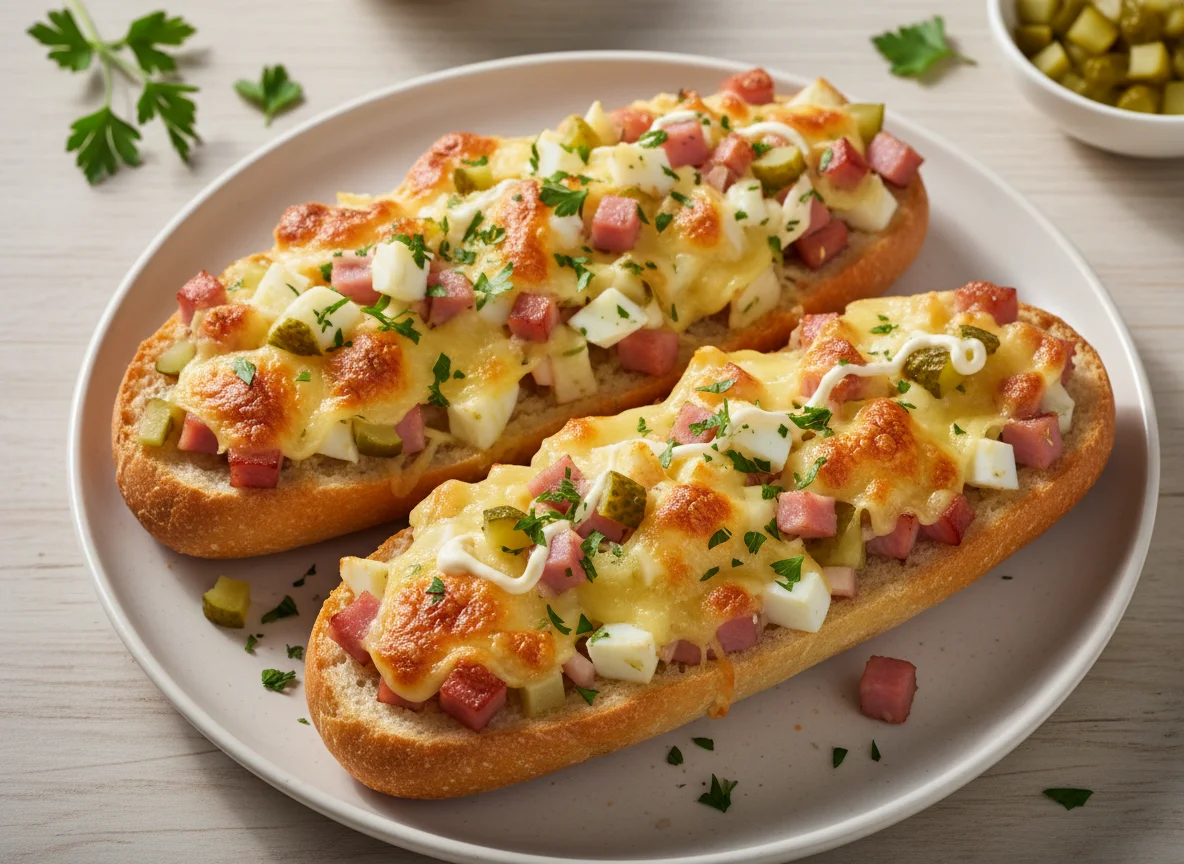 Überbackene Baguettehälften mit Schinken-Käse-Ei-Belag photo