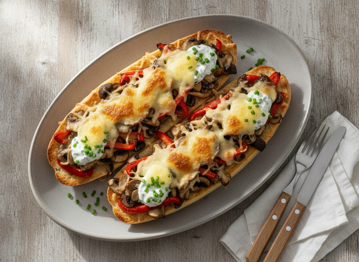 Überbackene Baguettes mit Pilzen und Paprika photo
