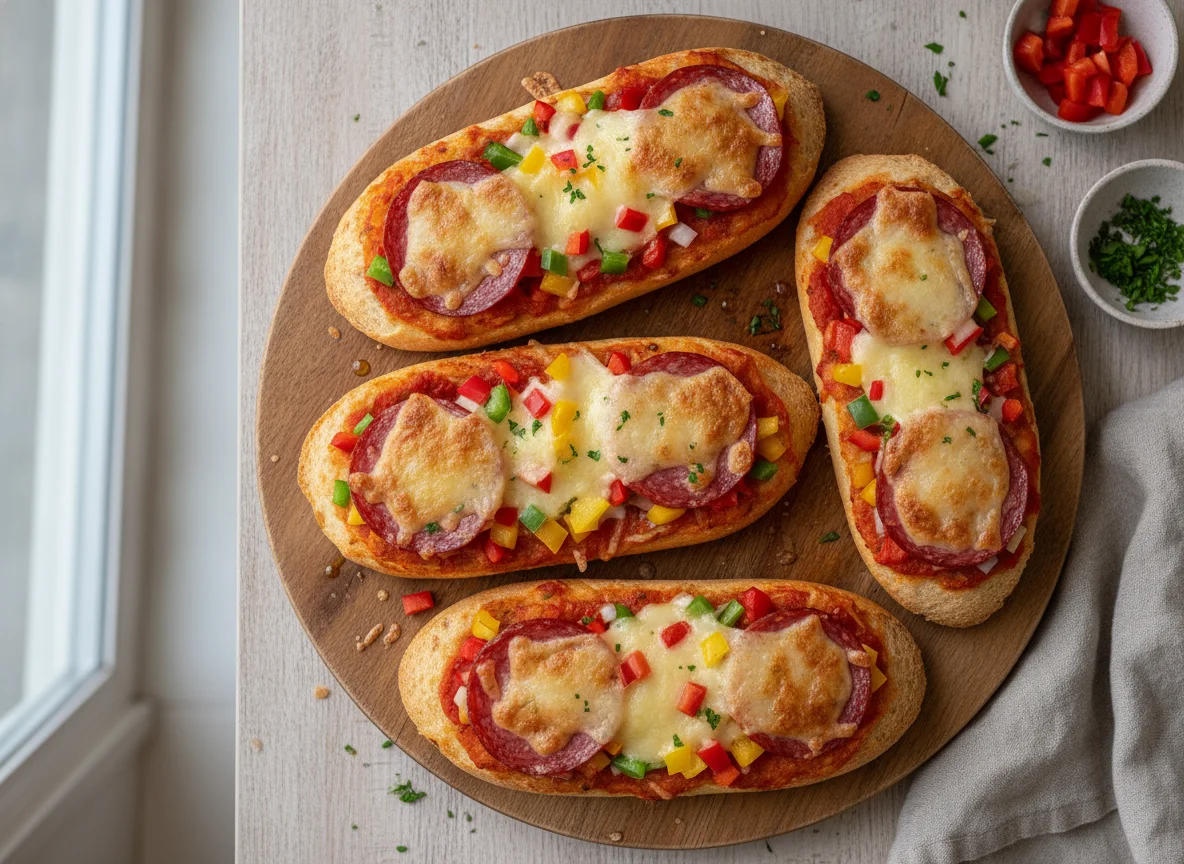 Überbackene Baguettes mit Salami und Paprika photo