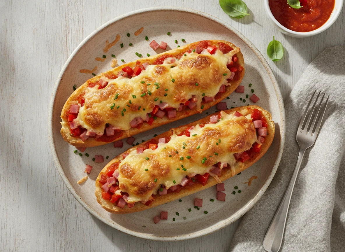 Überbackene Baguettes mit Schinken und Paprika photo
