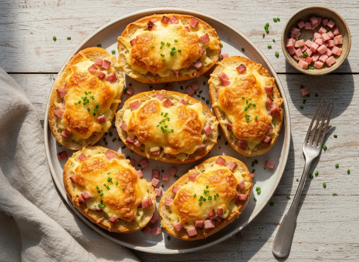 Überbackene Brötchen mit Käse und Schinken photo