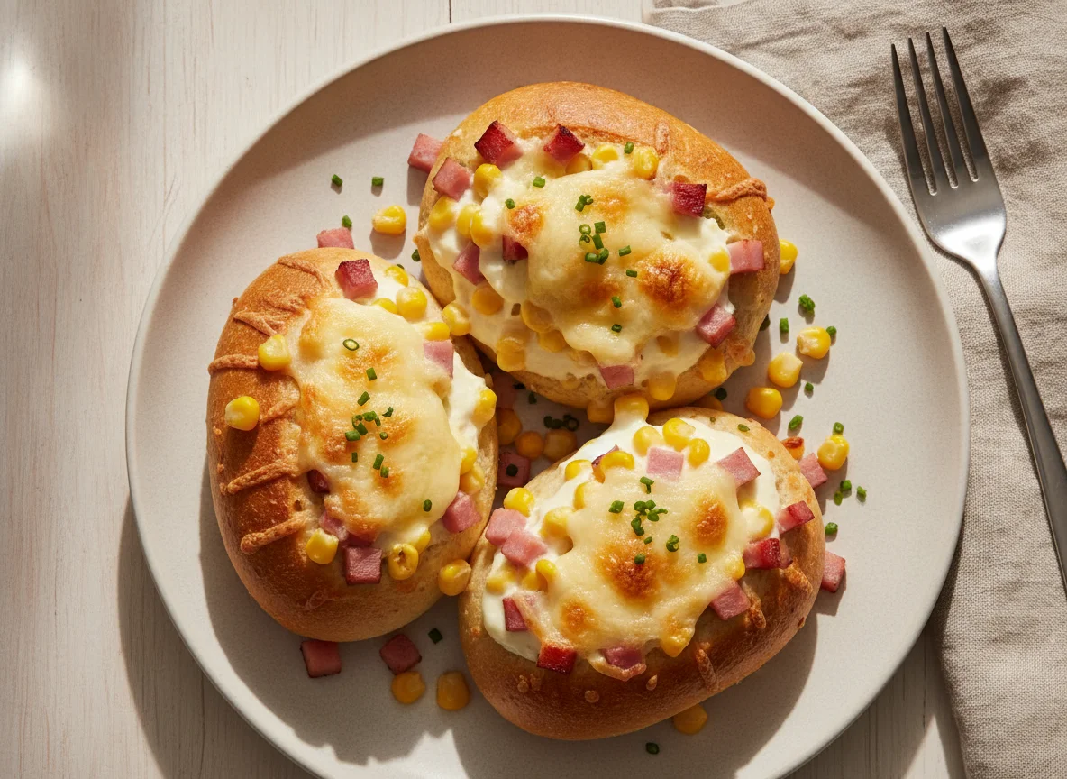 Überbackene Brötchen mit Schinken und Mais photo