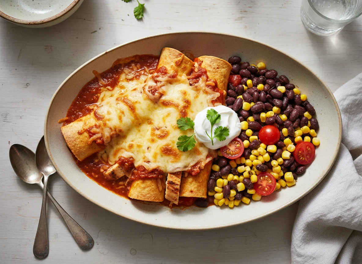 Überbackene Enchiladas mit Bohnen und Mais photo