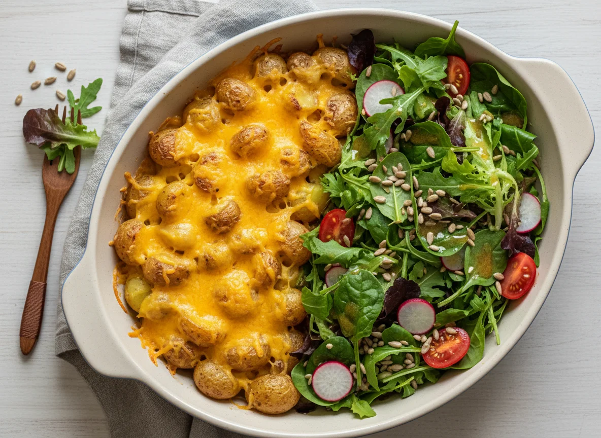 Überbackene Kartoffeln mit Salat photo