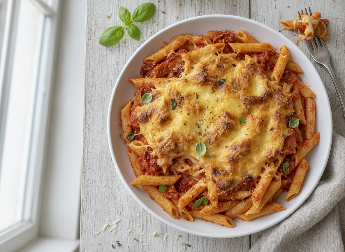 Überbackene Penne mit Tomatensauce photo