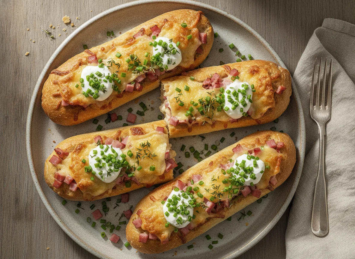 Überbackene Schinken-Käse-Baguettes photo