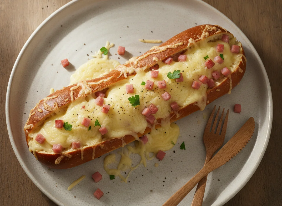 Überbackene Schinken-Käse-Laugenstange photo
