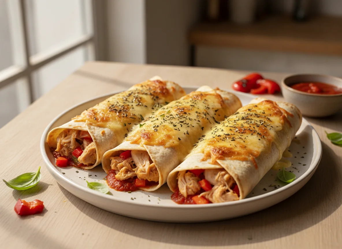 Überbackene Wraps mit Huhn und Gemüse photo