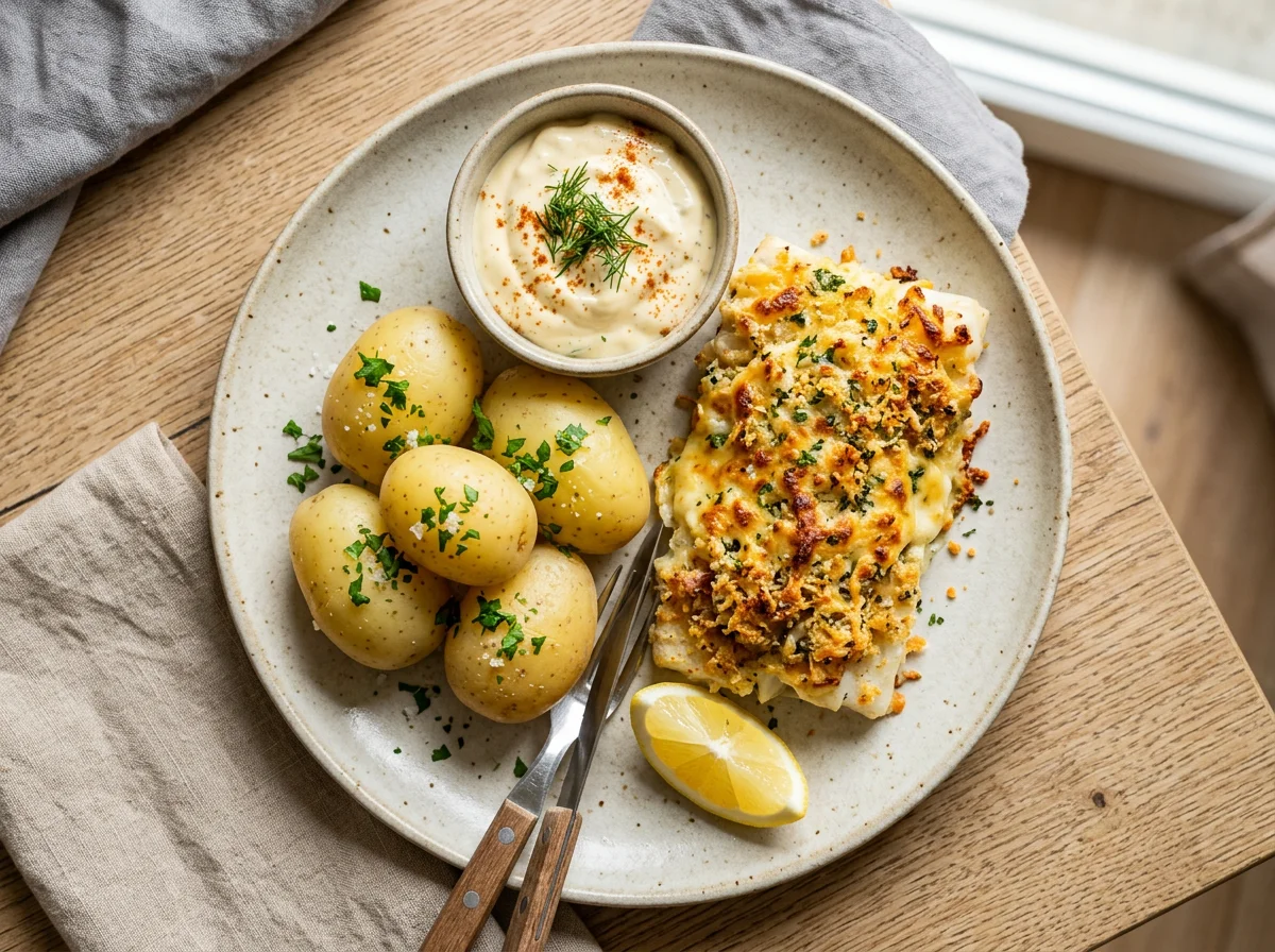 Überbackener Fisch mit Kartoffeln und Sauce photo