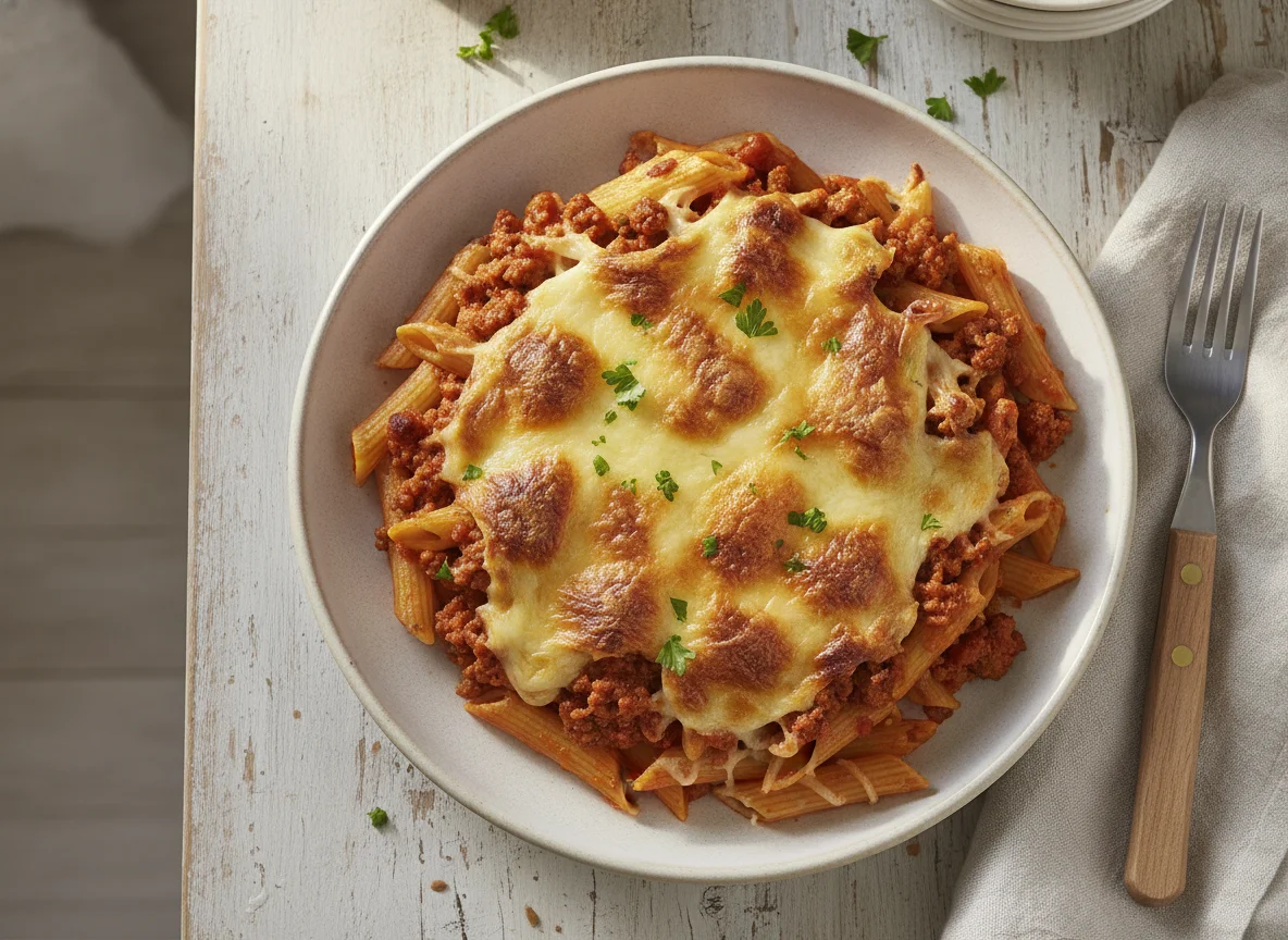 Überbackener Nudelauflauf mit Tomatensauce photo