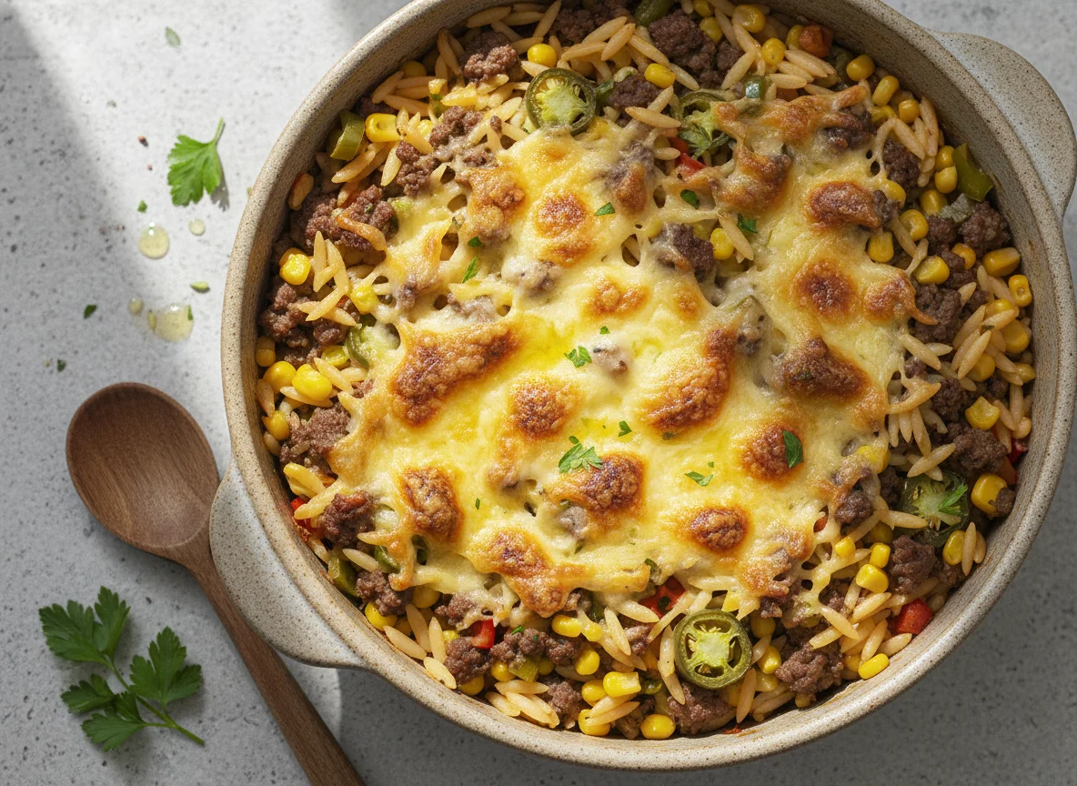 Überbackener Orzo-Auflauf mit Hackfleisch und Gemüse photo