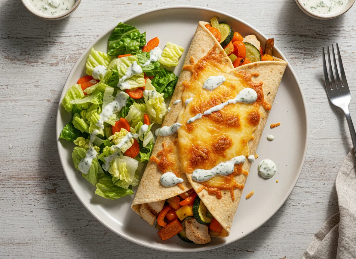Überbackener Wrap mit Huhn und Gemüse photo