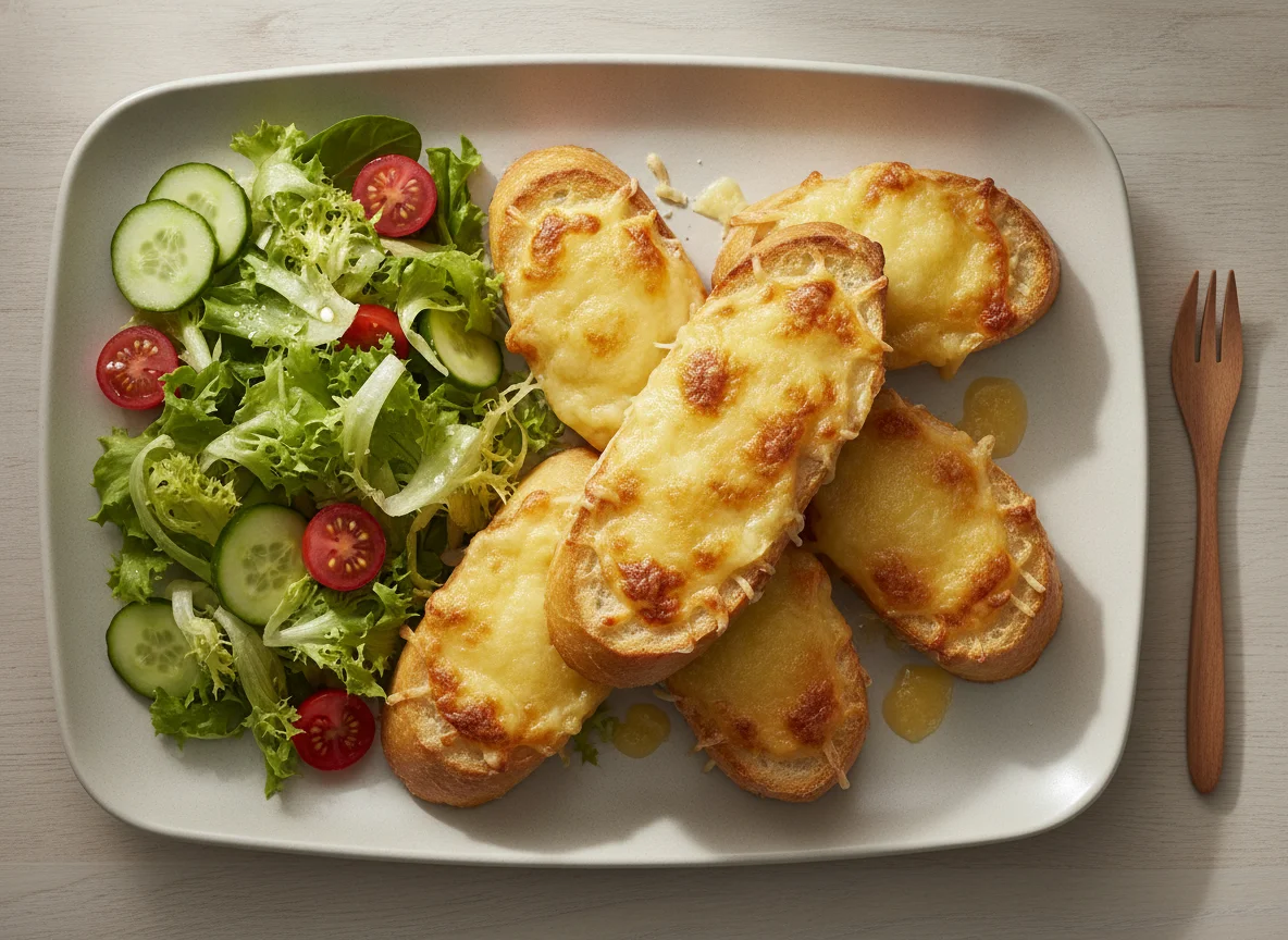 Überbackenes Baguette mit gemischtem Salat photo