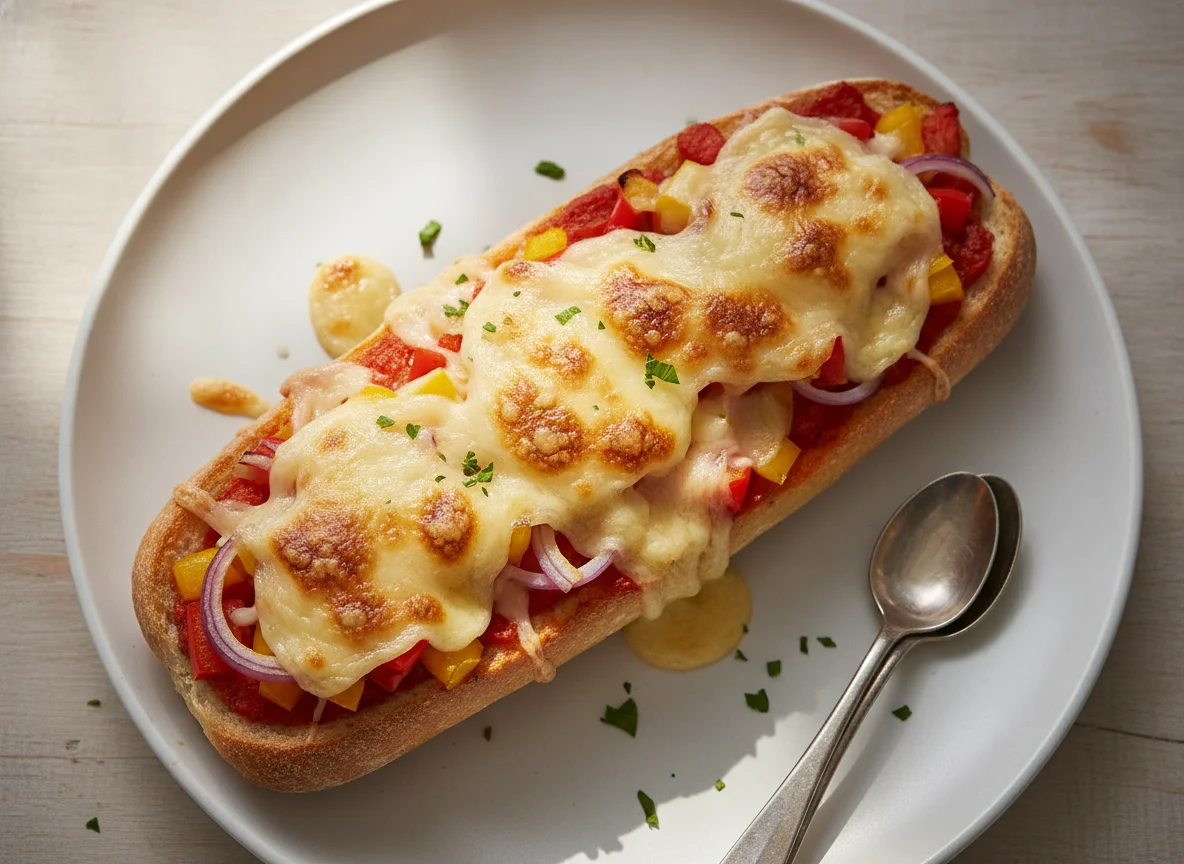 Überbackenes Baguette mit Gemüse photo