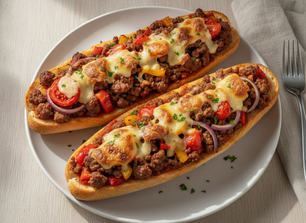 Überbackenes Baguette mit Hackfleisch und Gemüse photo