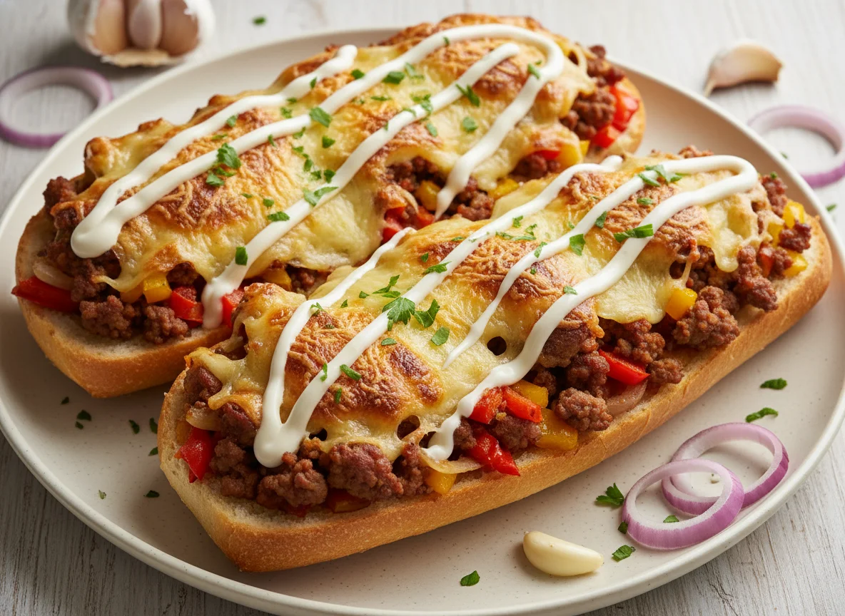 Überbackenes Baguette mit Hackfleisch und Sauce photo