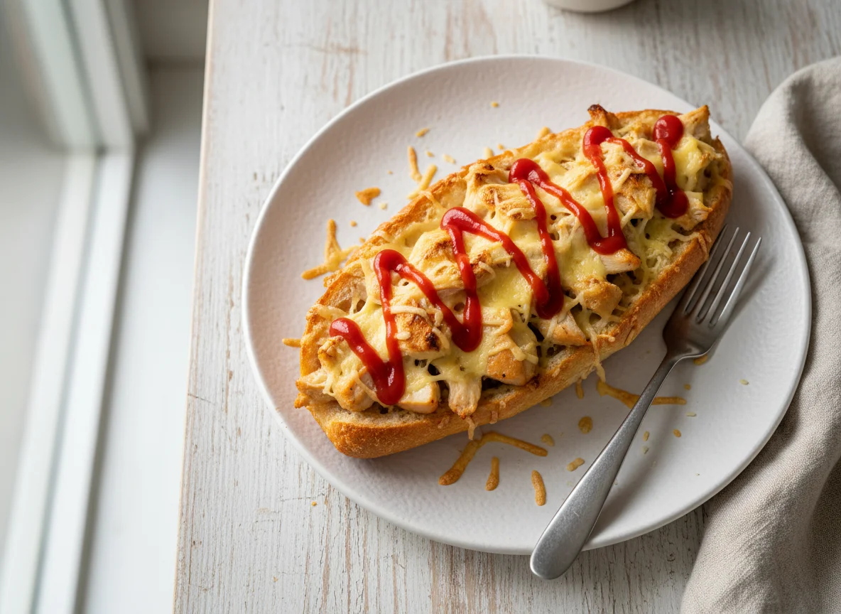 Überbackenes Baguette mit Hähnchen und Käse photo