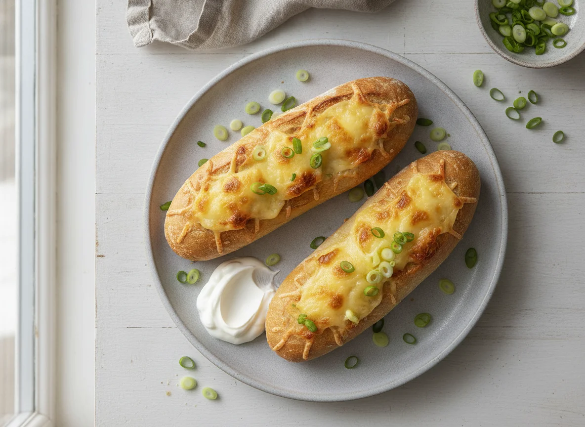 Überbackenes Baguette mit Käse und Frühlingszwiebeln photo