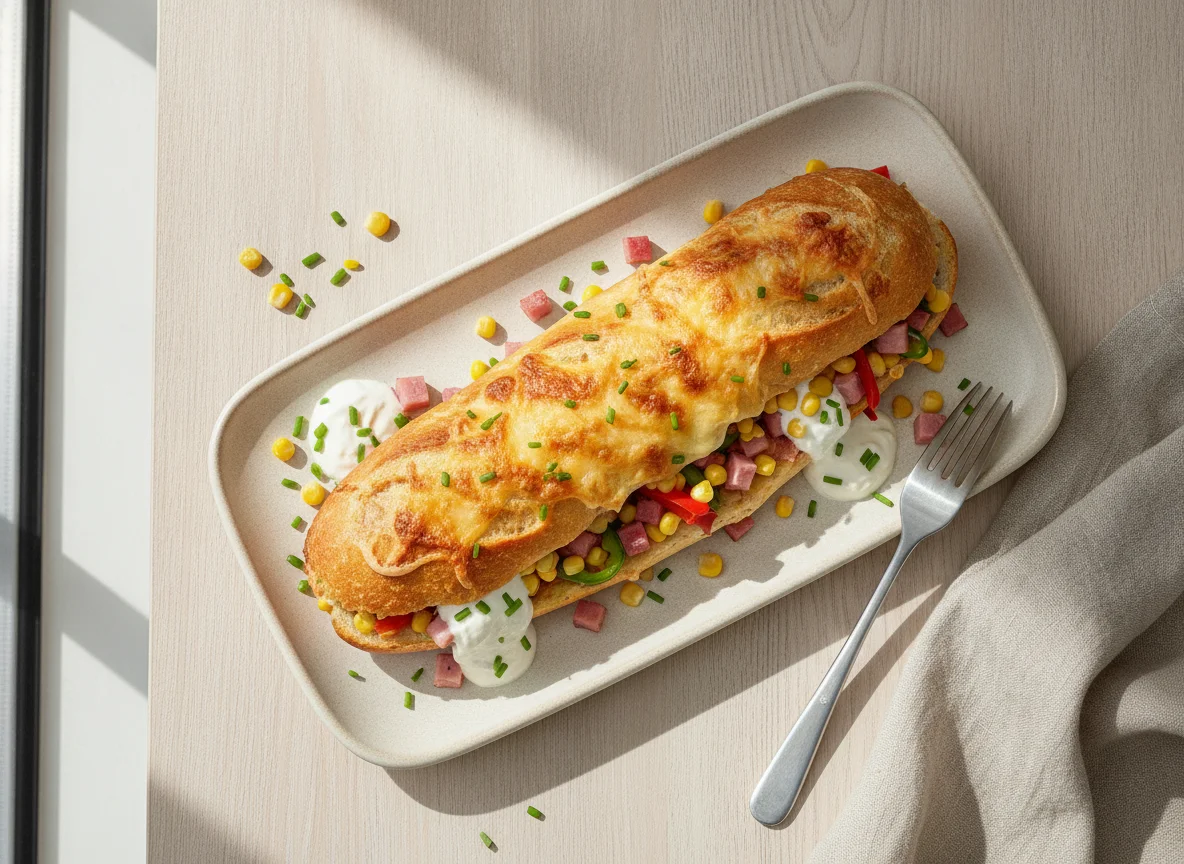 Überbackenes Baguette mit Mais und Schinken photo
