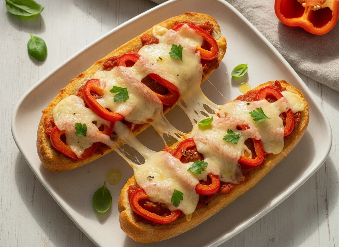 Überbackenes Baguette mit Paprika und Käse photo