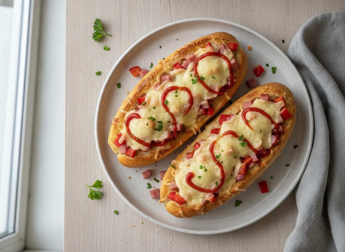 Überbackenes Baguette mit Paprika und Schinken photo