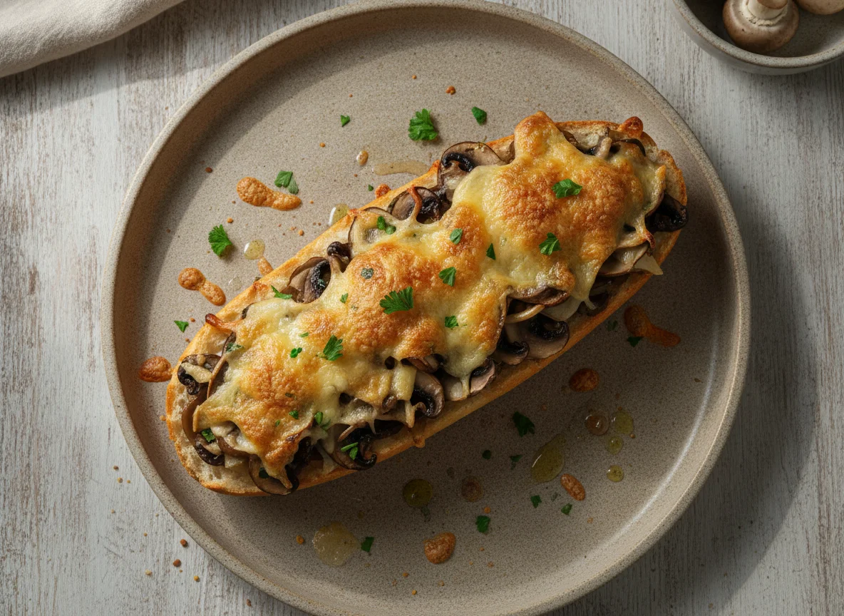 Überbackenes Baguette mit Pilzen photo