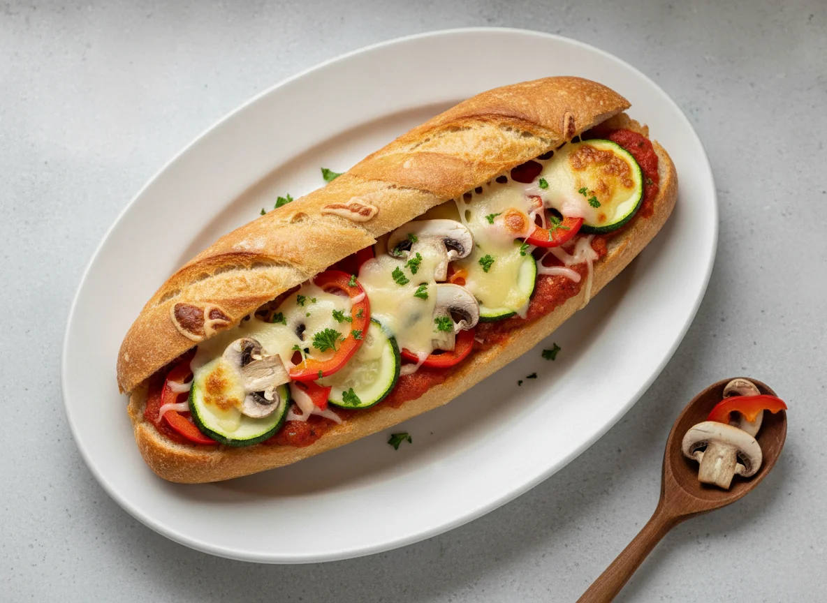 Überbackenes Baguette mit Pilzen und Paprika photo