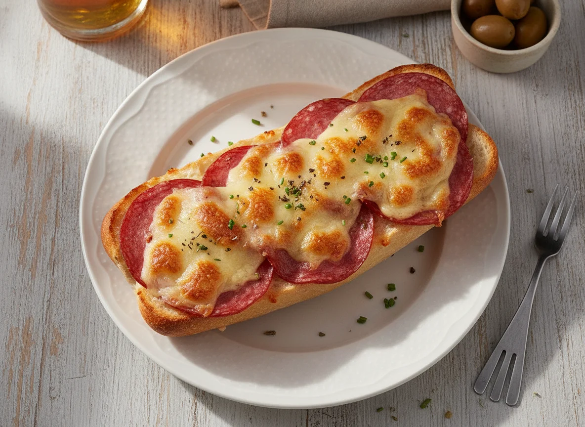Überbackenes Baguette mit Salami photo