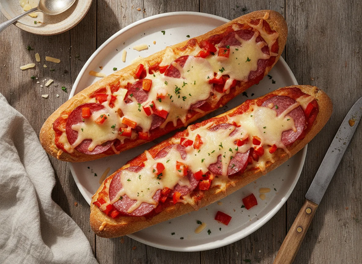 Überbackenes Baguette mit Salami und Paprika photo