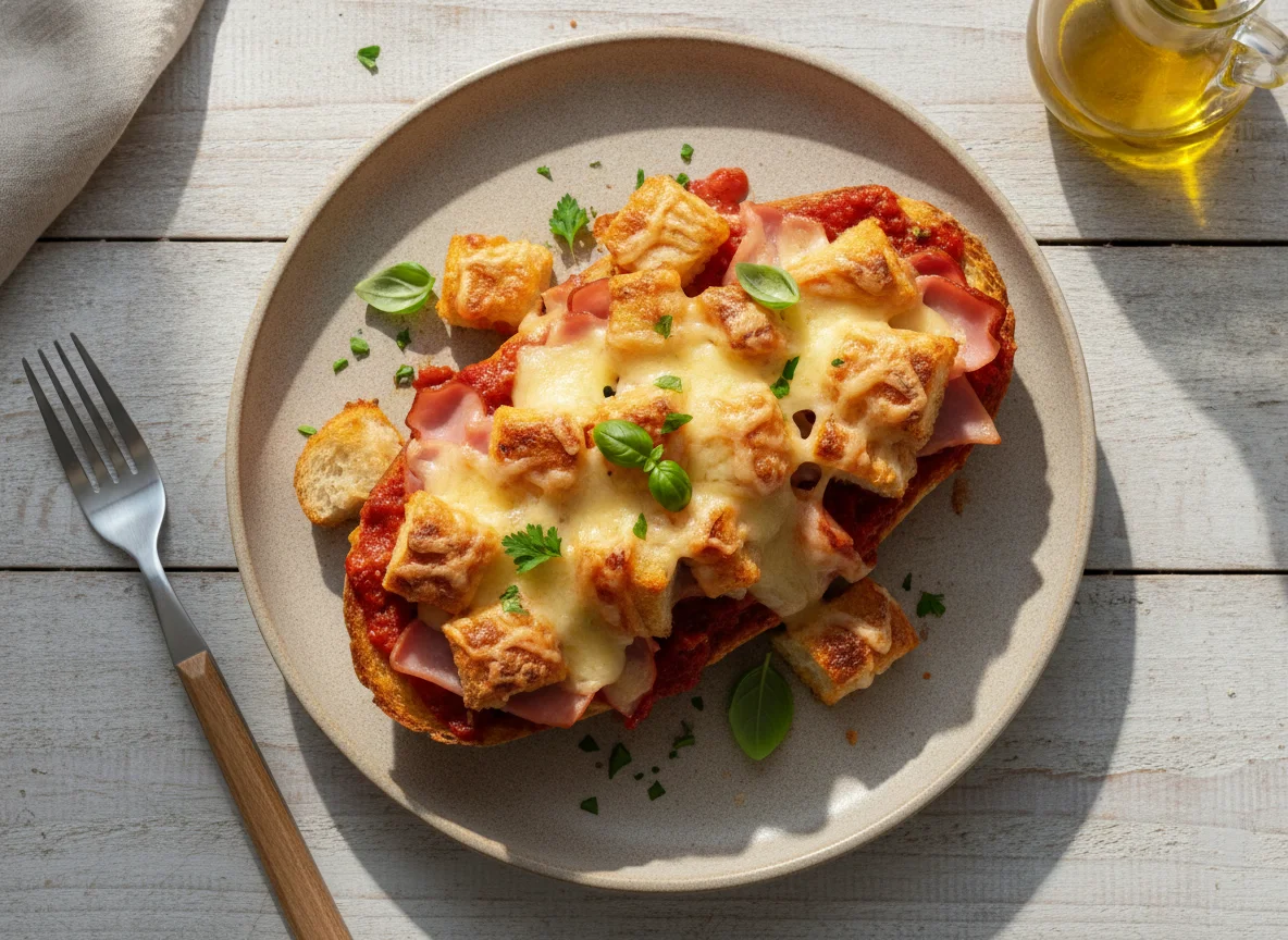 Überbackenes Baguette mit Schinken photo