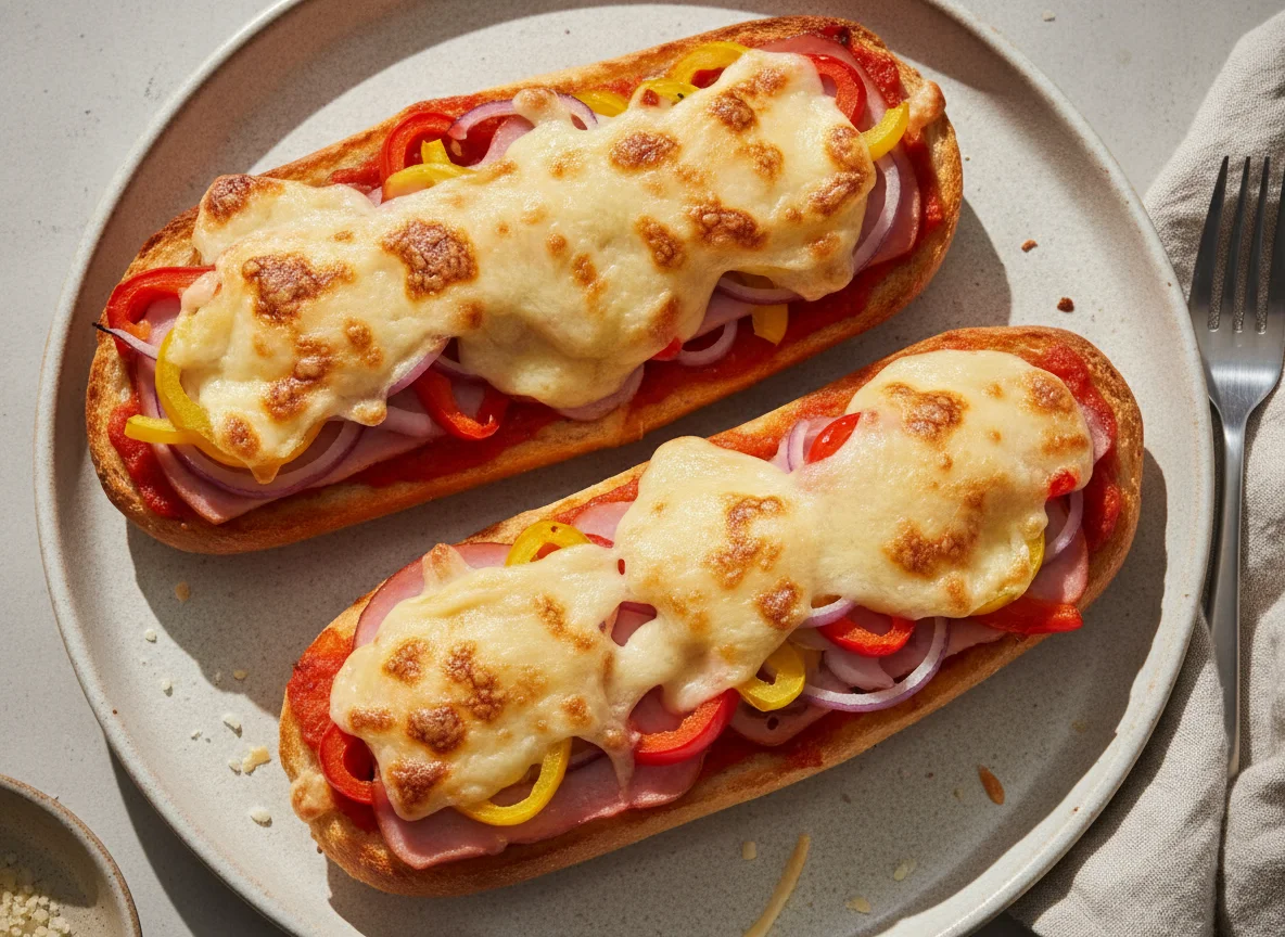 Überbackenes Baguette mit Schinken und Paprika photo