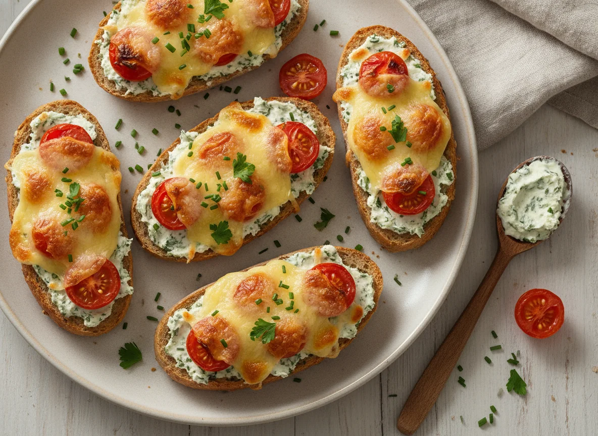 Überbackenes Baguette mit Tomate und Käse photo
