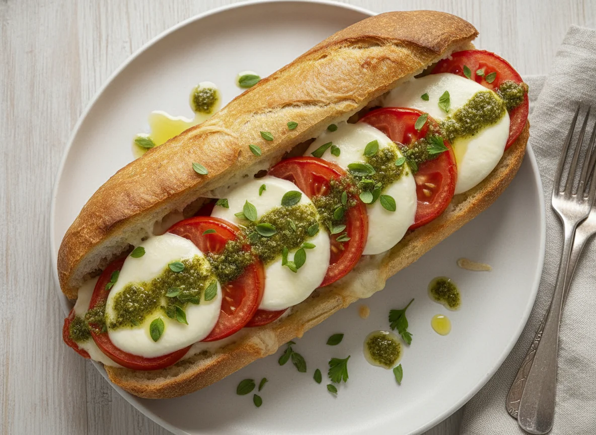 Überbackenes Baguette mit Tomate und Mozzarella photo
