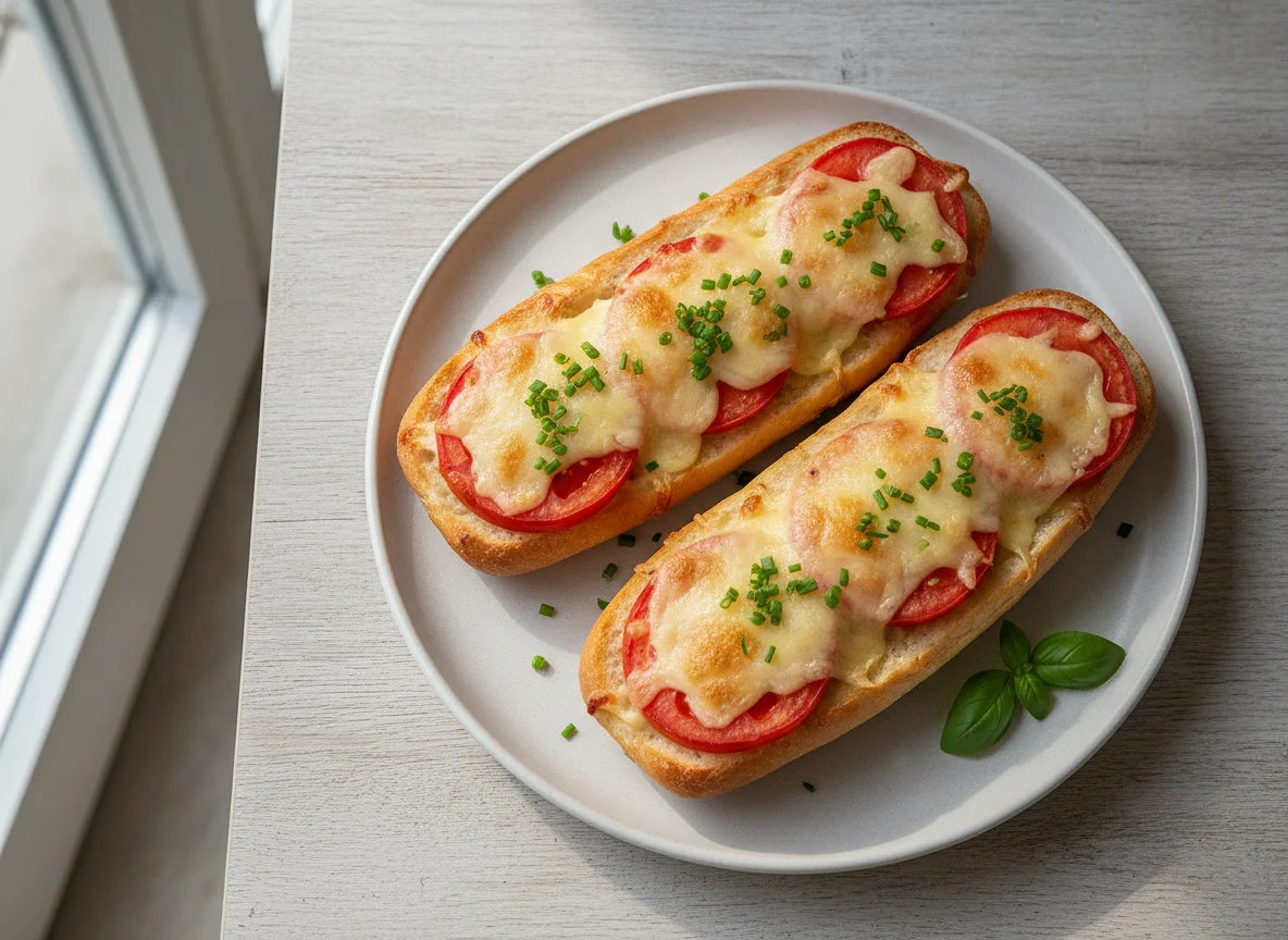 Überbackenes Baguette mit Tomate photo