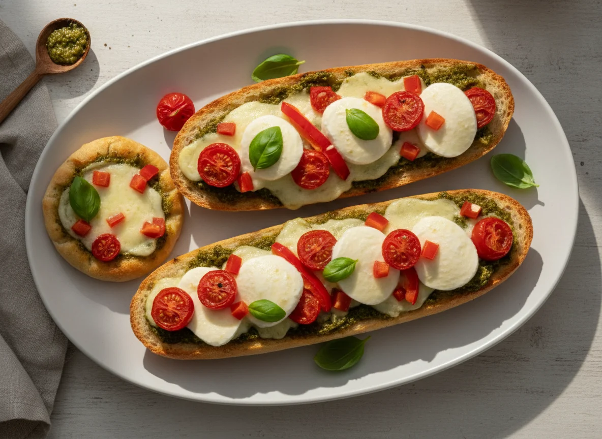Überbackenes Baguette mit Tomate-Mozzarella-Salat photo