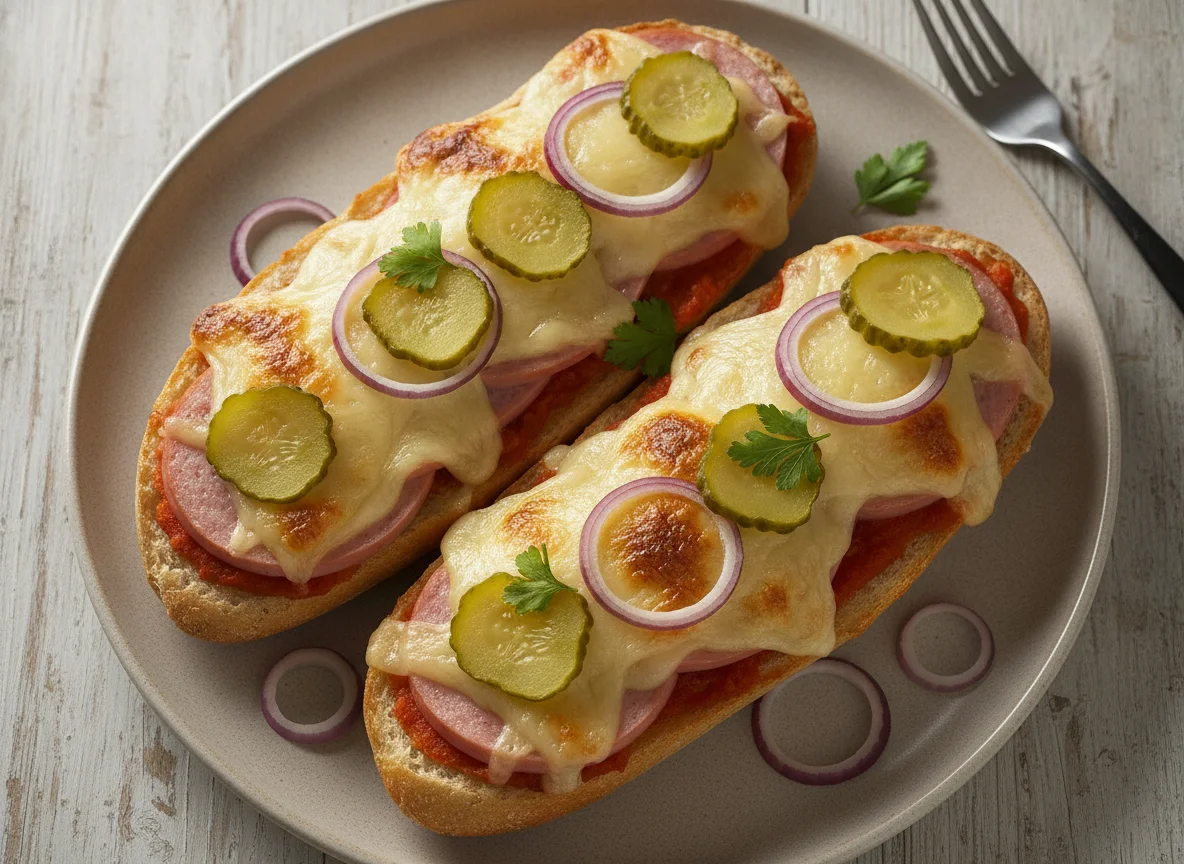 Überbackenes Baguette mit Wurst und Käse photo