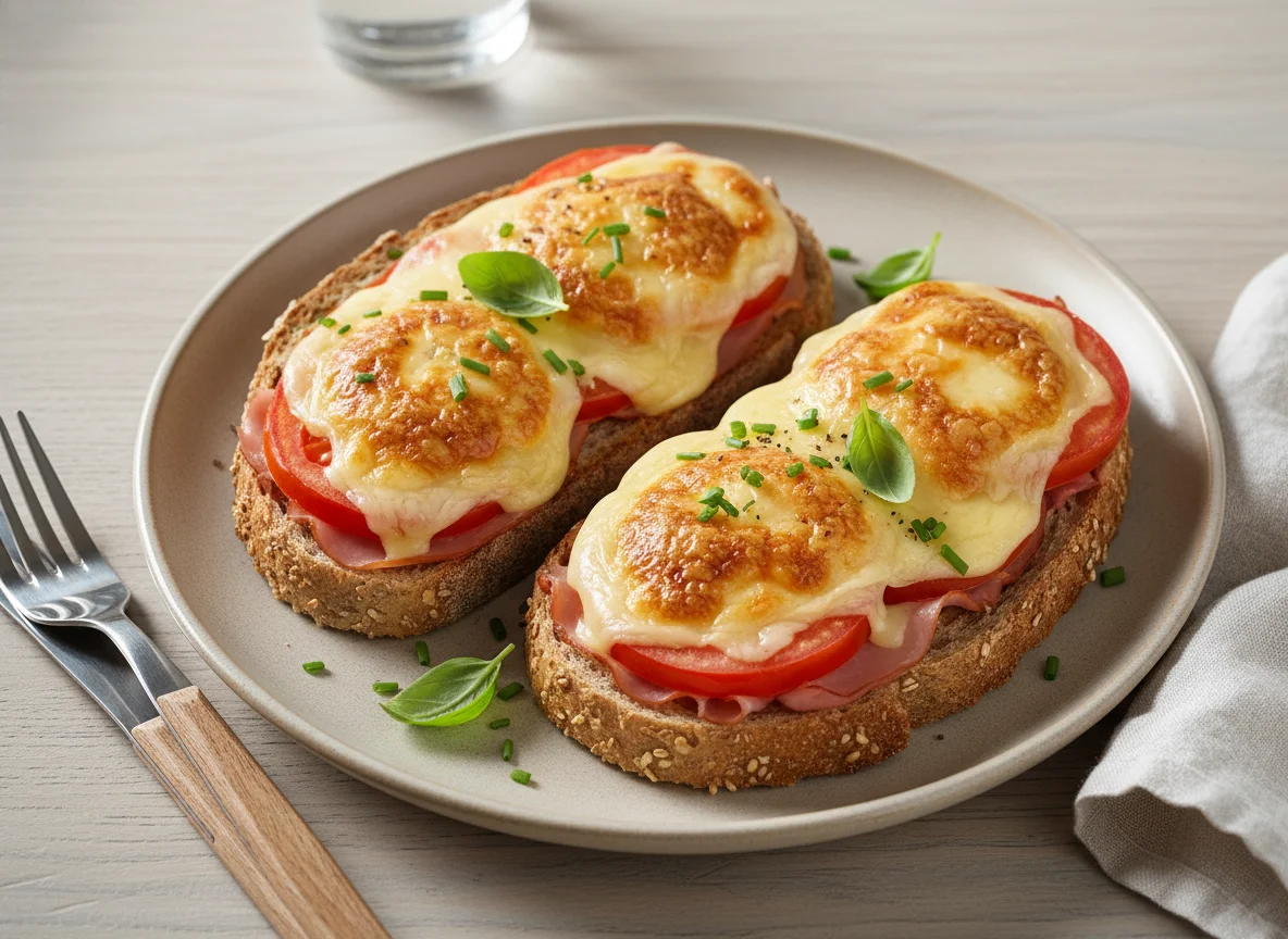 Überbackenes Brot mit Käse und Tomaten photo