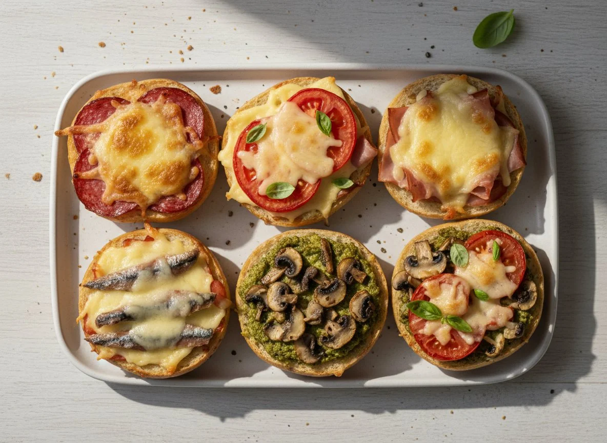 Überbackenes Brötchen mit verschiedenen Belägen photo