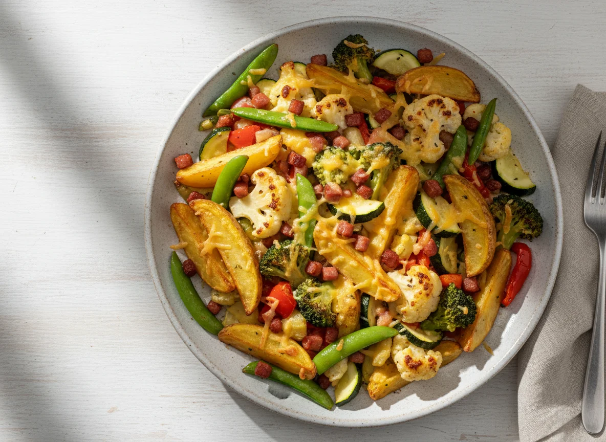 Überbackenes Gemüse mit Kartoffelspalten und Speck photo