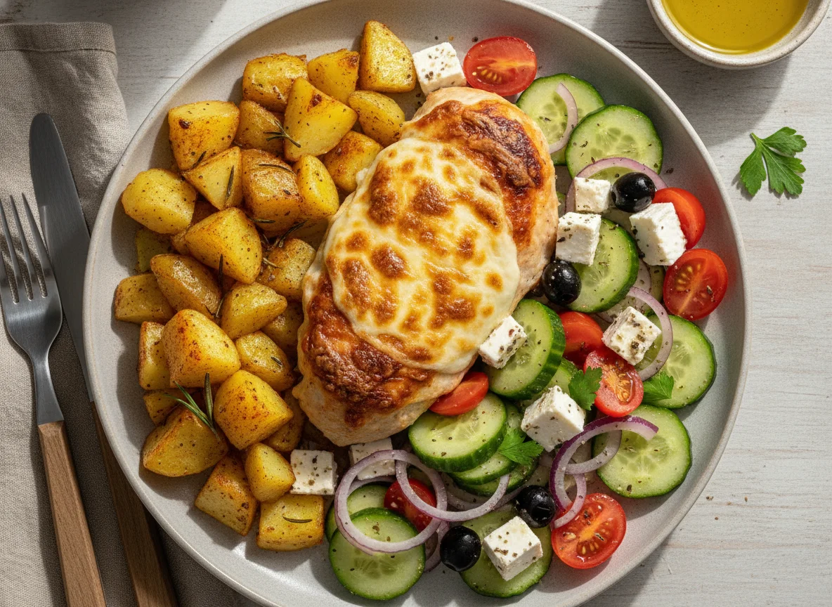 Überbackenes Hähnchenbrustfilet mit Röstkartoffeln und griechischem Salat photo