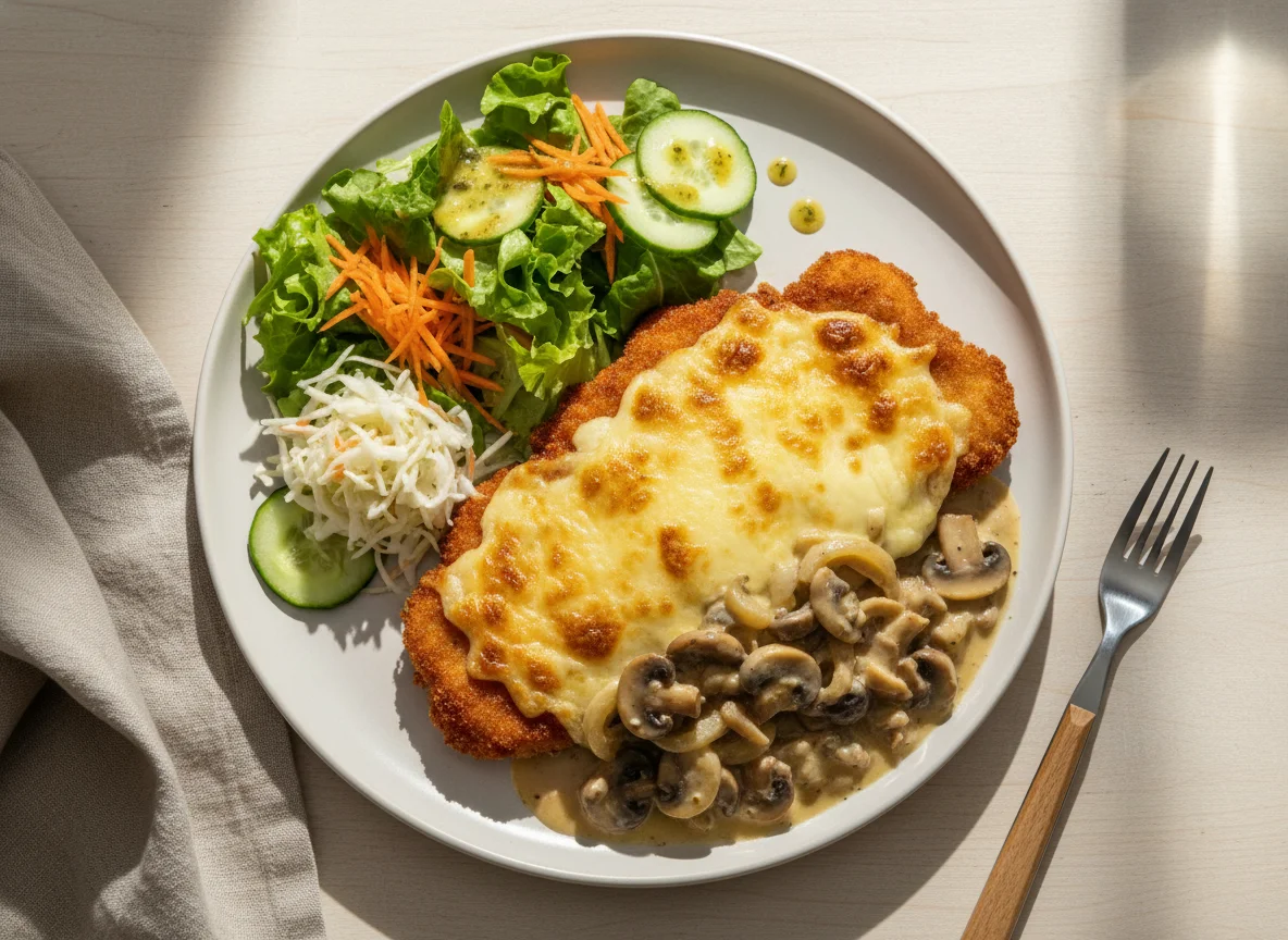 Überbackenes Schnitzel mit Pilz-Zwiebel-Sauce und Beilagensalat photo